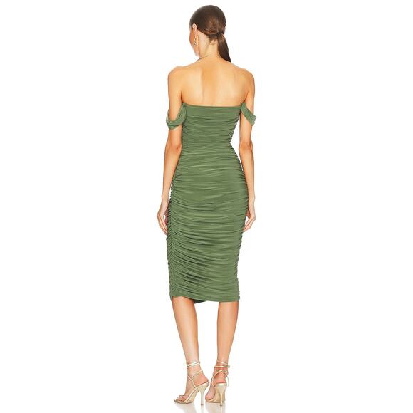 Norma Kamali Walter Midi Dress Green XL NWT Off Shoulder Ruched Elegant - Picture 3 of 9